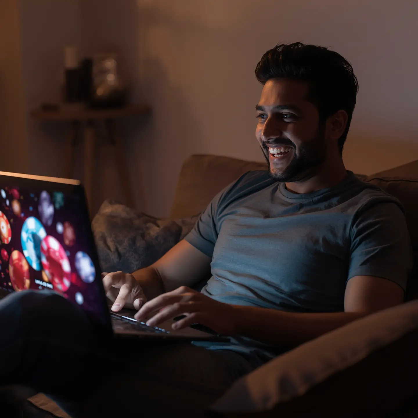 Gaming enthusiast enjoying money games online on laptop